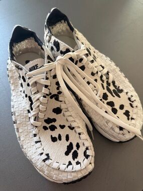 Nike Woven Cow-Print Lace-Up Sneakers in White and Black